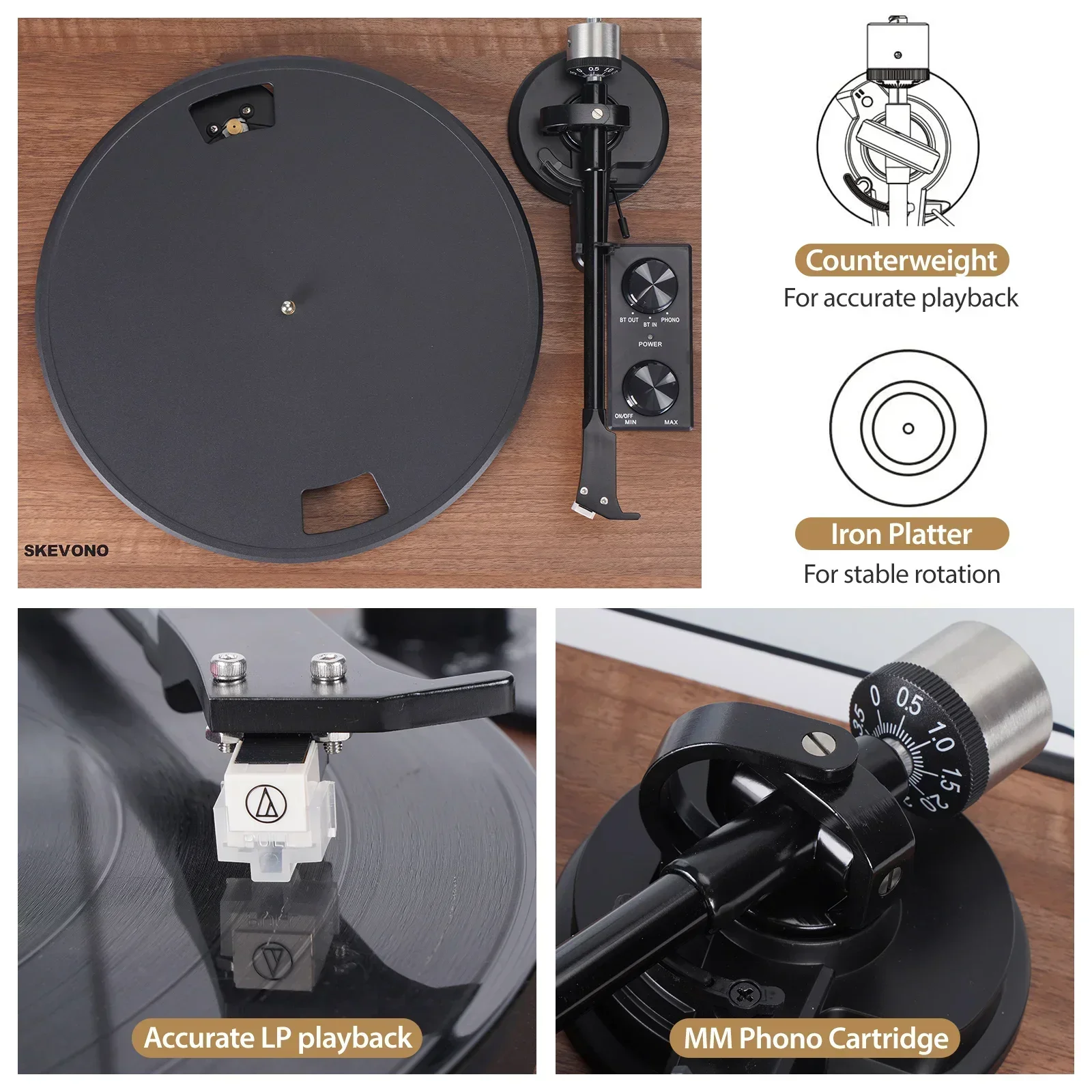 

Wooden Design Vinyl Turntable Reocrd Player Phonograph Vinyl Record Players With BT LP AUX & Pitch Adjustment Function