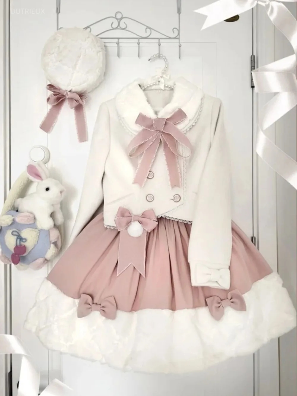 Short Bow Patchwork Woolen Sets Coat Elegant Ball Gown Panelled Patchwork Skirt Preppy Japanese Ruched Minority Faldas