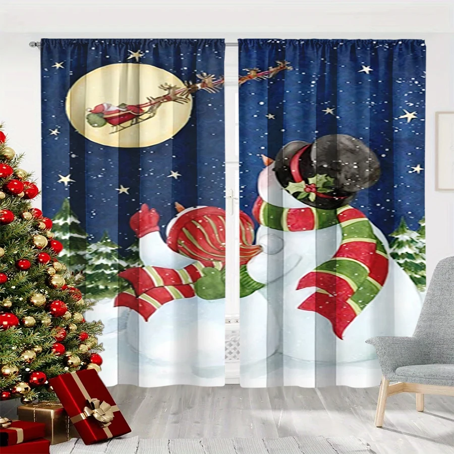 2PCS Christmas Winter Curtains, Snowman Sleigh Moon Reindeer Night Snow Blue, Digital Print, Bedroom Living Room, Home Decor