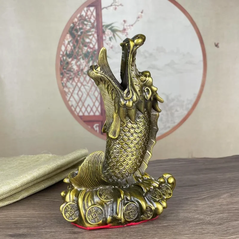 Brass Money Head Ornament for Living Room, New Chinese Style Home Office Desktop Fish Leaping over Dragon Gate