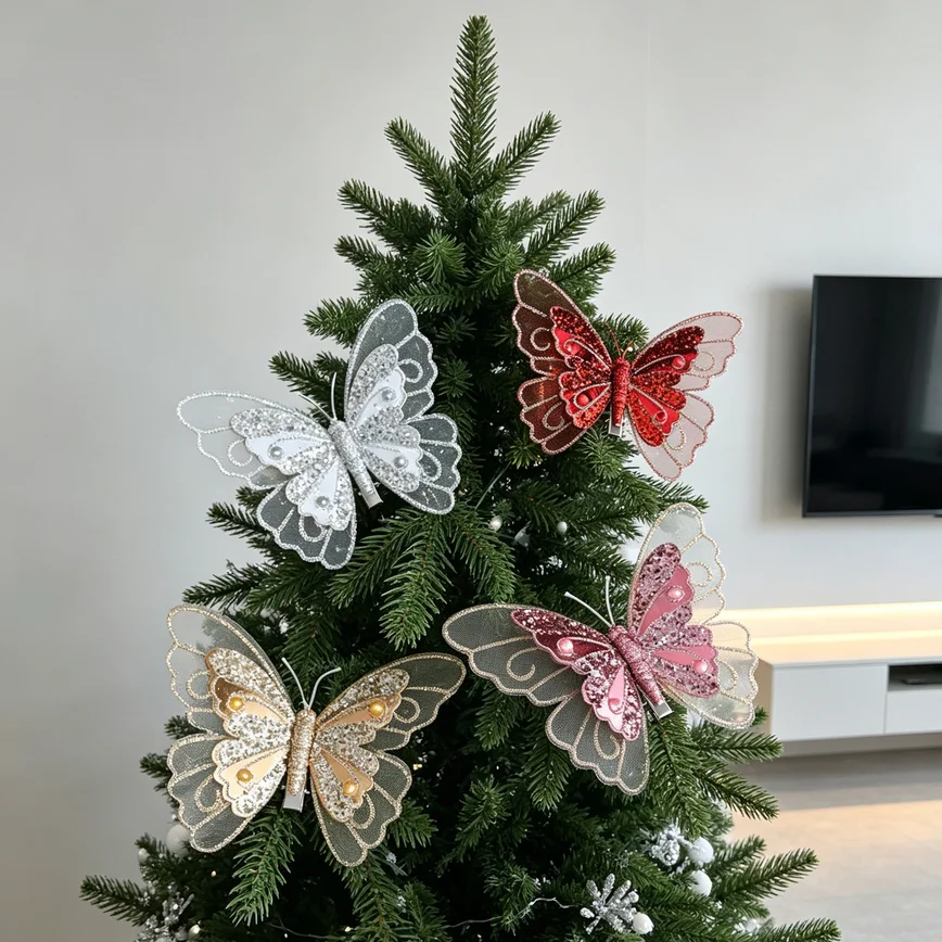 3pcs Christmas Glitter Butterfly Hanging Ornaments Xmas Tree Decor Home Holiday Atmosphere Decoration Accessories
