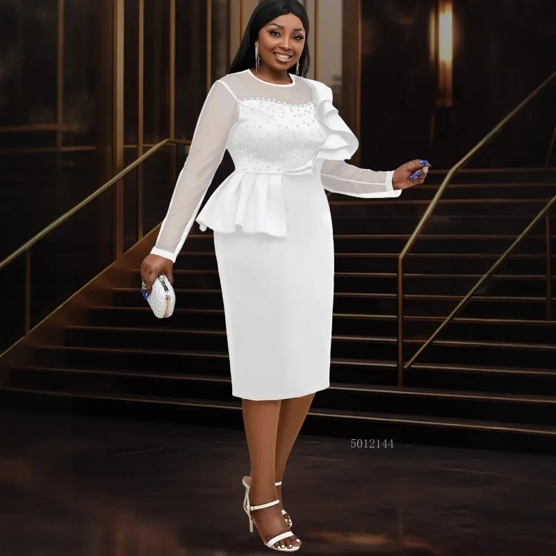 

L-4XL Plus Size African Dresses for Women Autumn Elegant African Long Sleeve Mesh White Bodycon Midi Dress Africa Clothing 2026