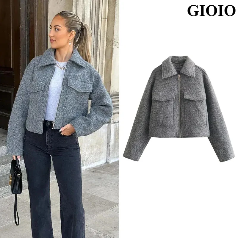 GIOIO Autumn Winter Cropped Jacket for Women Short Coat Tweed Jacket Zip Crop Demi-season Jacket Woman New in outerwears