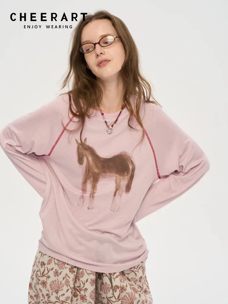 Cheerart cavalo impressão rosa manga longa topo para mulher t camisa roupas de outono manga raglan t moda designer topo 2025 outono