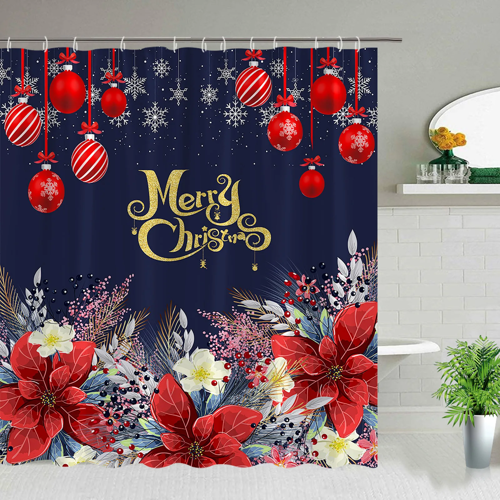 Christmas Shower Curtain Red Xmas Ball Flower Leaves Snowflake Pine Branch Fabric Cloth Decor Bathroom Curtain Set Washable