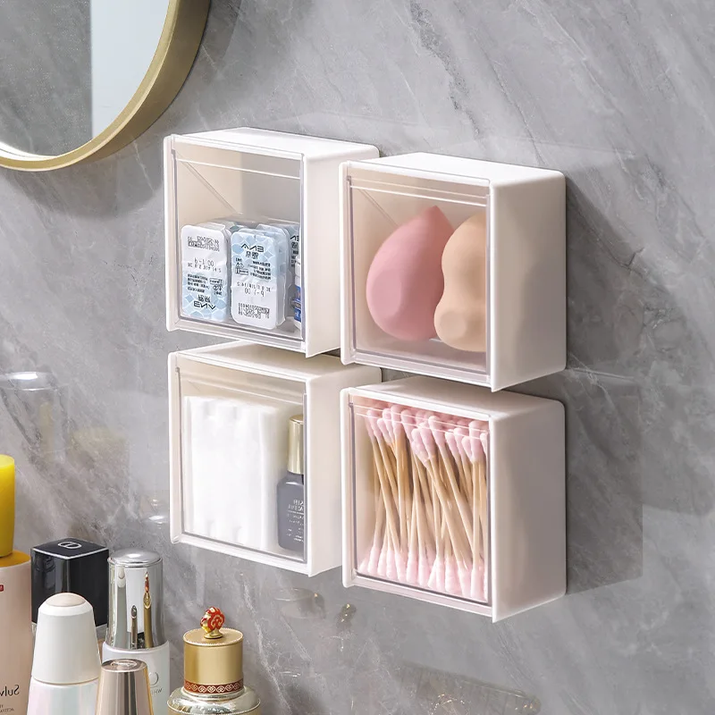 

Wall Mounted Storage Box Clamshell Design Plastic Cotton Swabs Makeup Storage Holder Dustproof Holder Box Bathroom Accessories