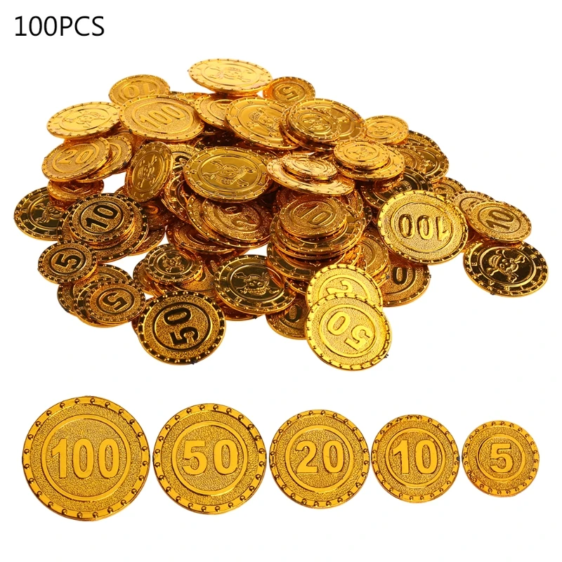 Monedas oro piratas 652D, 100 Uds., Chip negociación, moneda juego plástico para niños, suministros para fiestas,