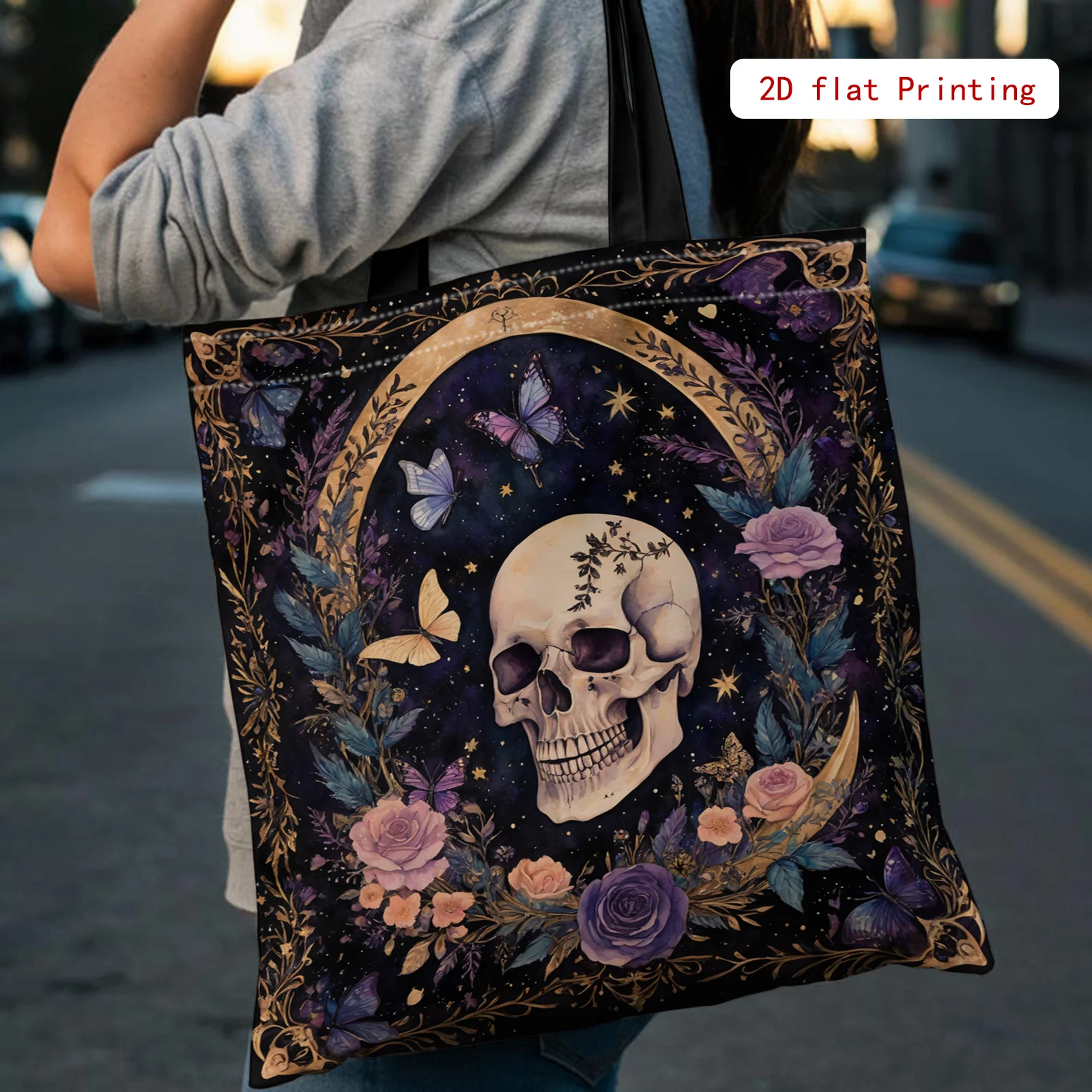 Gothic-Einkaufstasche für Damen – offene Geldbörse mit großem Fassungsvermögen, elegantem Totenkopf- und Blumenmuster (lila/schwarz/golden/) – Detail 4