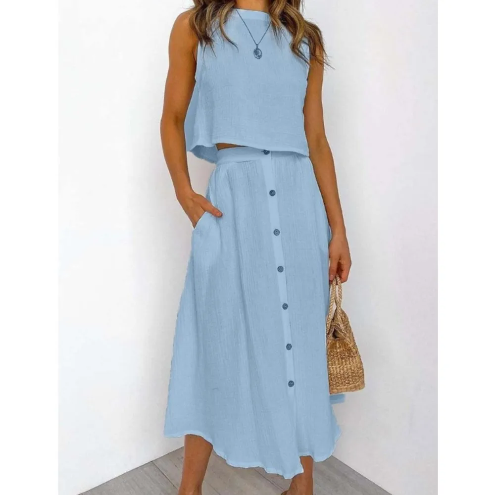 Women's O Neck Vest Shirt Mid-length Single-breasted Skirt 2-piece Set New Double-layer Fabric Casual Elegant Female Skirt Set