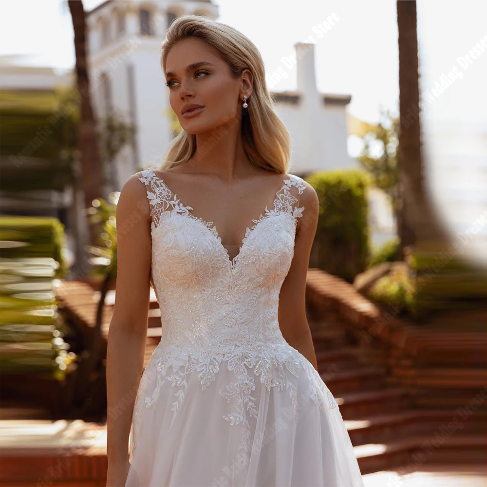 فساتين زفاف نسائية مثيرة على شكل حرف v دانتيل فساتين حفلات مطبوعة بالزهور تول تطهير طول الأميرة الكرة فيستدوس دي نوفياس مخصصة