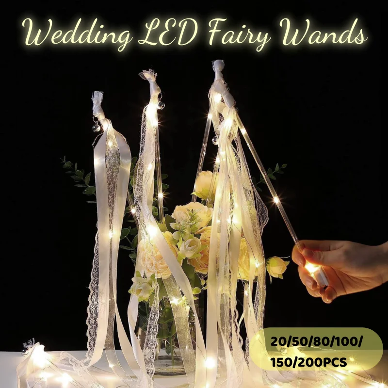 

20-200PCS Wedding LED Wands Ribbon Wands Ribbon Streamers Wands with Bells LED Fairy for Wedding Birthday Party Holiday Favors