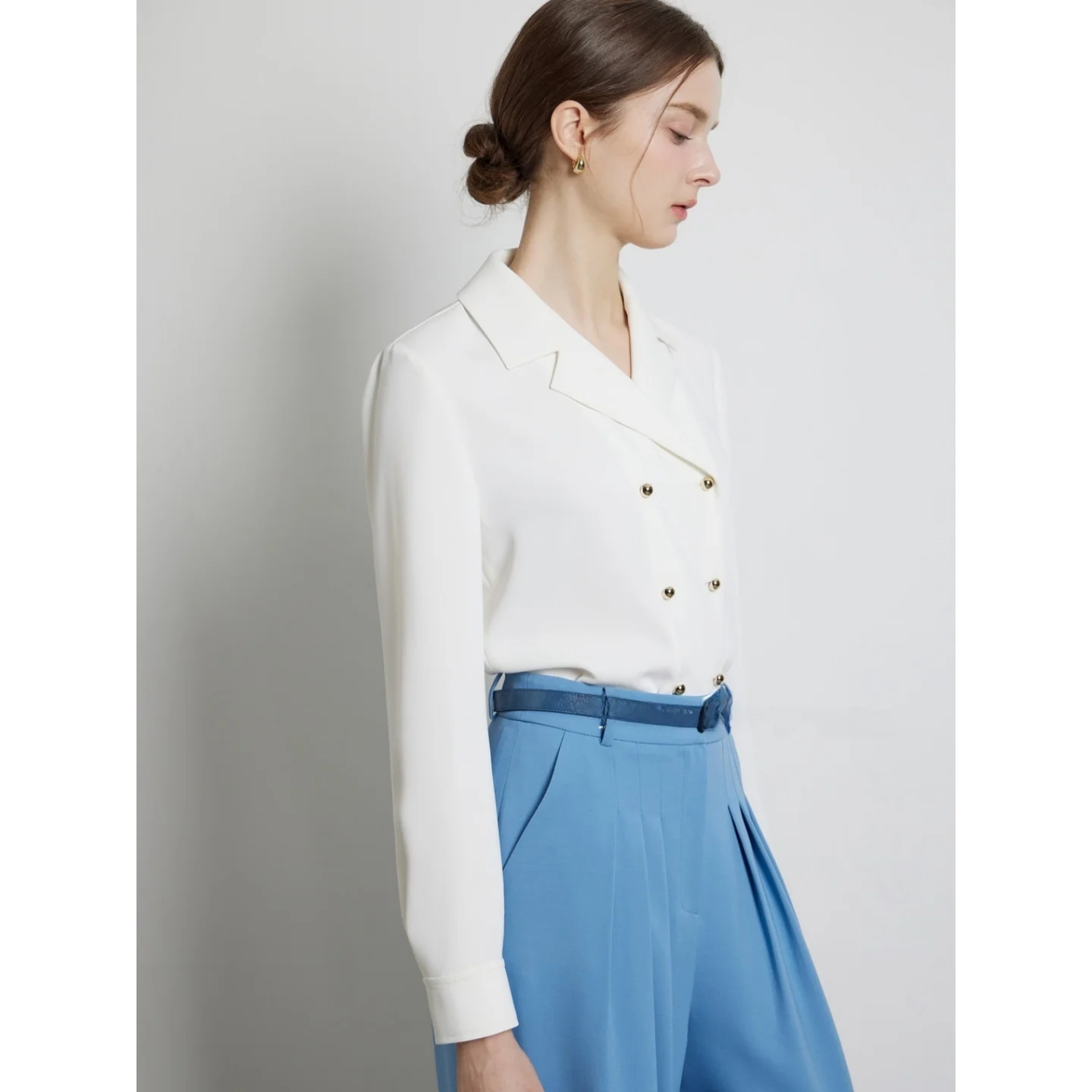 Women's Commute Style Shirt Double Buttoned Suit Collar Resistant to Wrinkles And Deformation Long Sleeve Straight Cut Top
