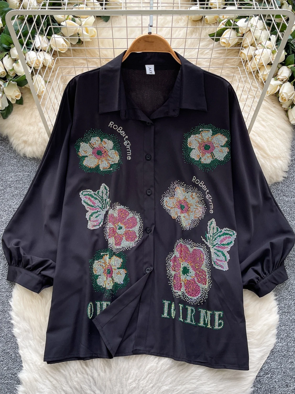 قميص أنيق فضفاض بياقة بولو للنساء، تصميم عصري لفصل الخريف بأكمام واسعة، إحساس راقي وجودة عالية، بلوزة رقيقة