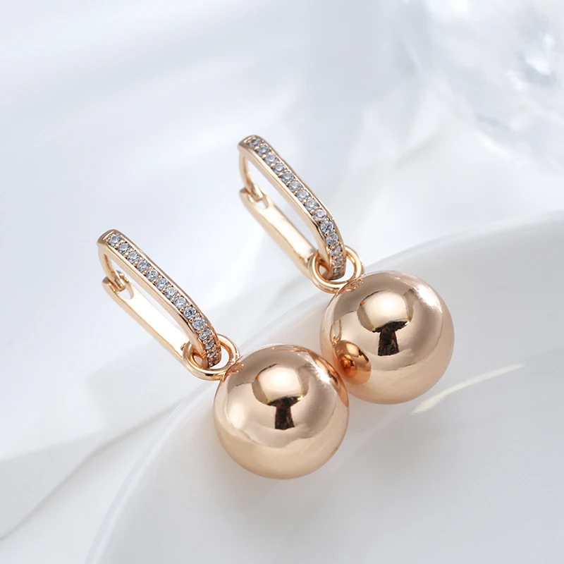 Kinel New Retro Glossy Spherical Long Earrings 585 Rose Gold Color Fashion Wedding Jewelry Unique Modern Metal Drop Earrings
