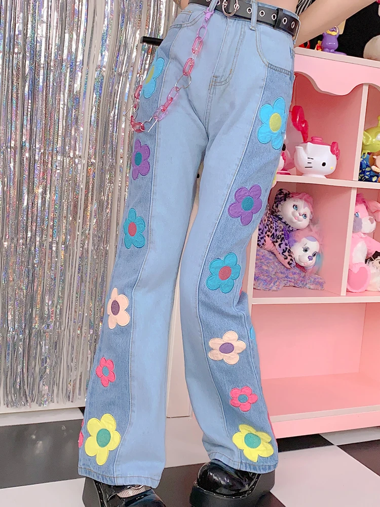 Dophee Original Contrast Color Flowers Flare Jeans for Women 2023 New Autumn Fashion Y2K Spice Girls Light Blue Denim Pants