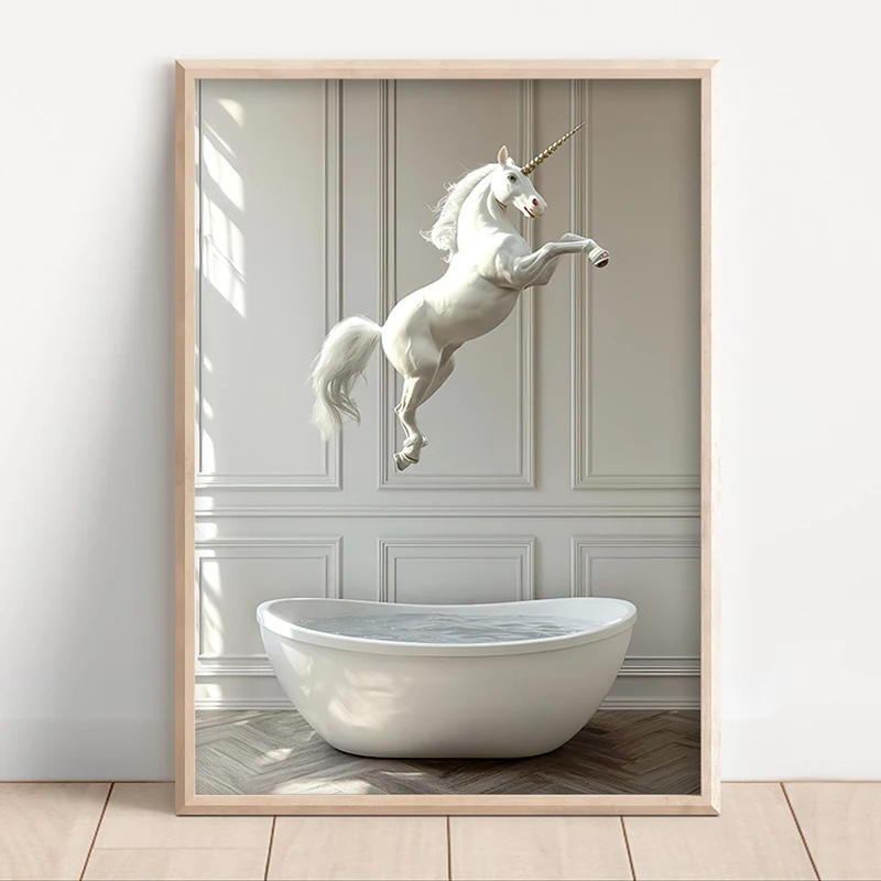 Funny Bathroom Wall Art Decor Poster Vintage Style Retro Photo Canvas Painting Animals Jumping Into Bathtub Print for Home Decor