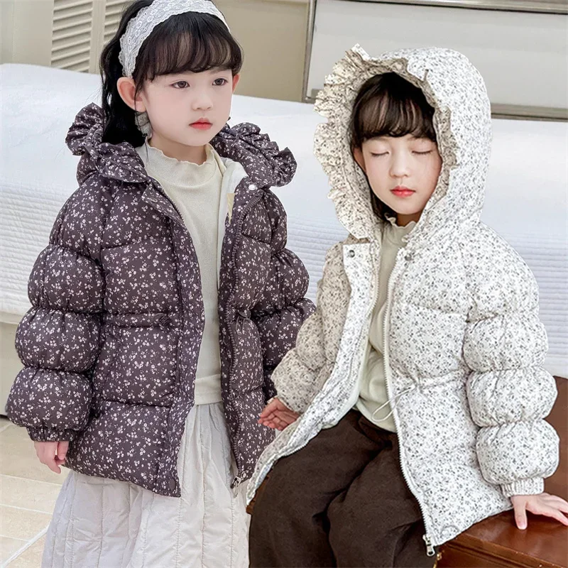 Baby Girls Floral Puffer Jacket Ruffle Hood Padded Coat Quilted Warm Outerwear for Kids Fall Winter School Daily Wear 3-10 Years