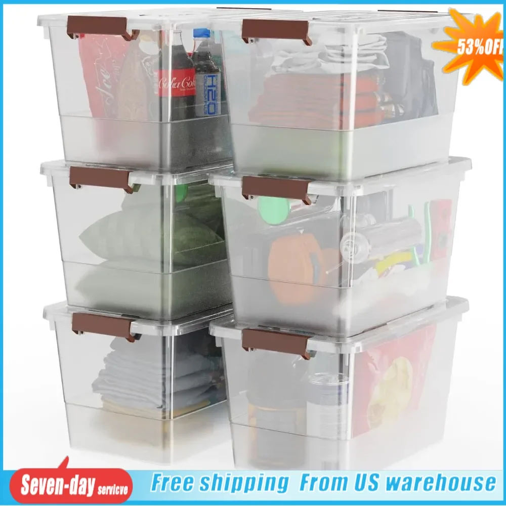 

32 Qt Plastic Clear Storage Bin with Durable Lids and Latching Buckle, 6-Pack Tote Organizing Box Stackable and Nestable