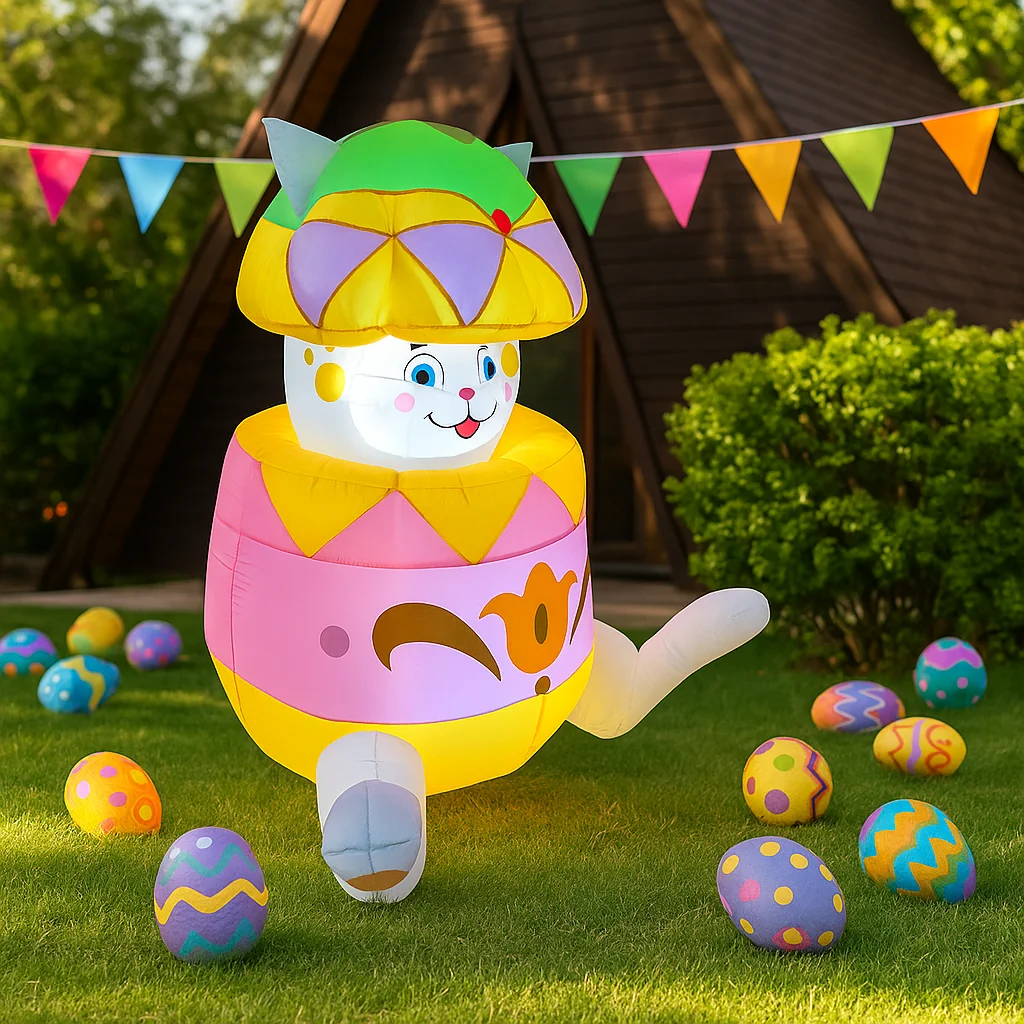 イースターインフレータブルおもちゃ 1.5M/5FT 卵の飾り付きバニー LEDライト付きイースターラビット ホリデーパーティー屋外装飾おもちゃ用