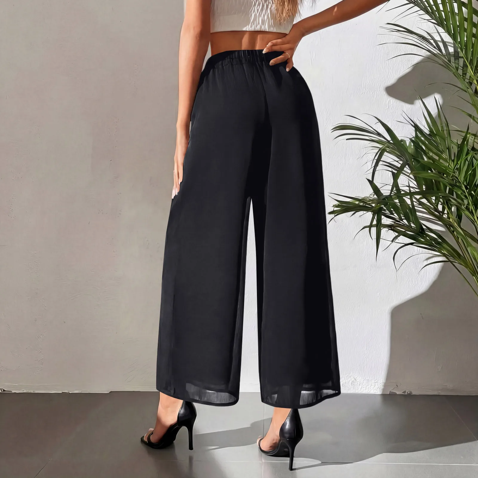 2026 Fashion Women's Solid Elastic High Waist Chiffon Wide Leg Pants Elegant Slimming Versatile Daily Commuter Casual Trousers