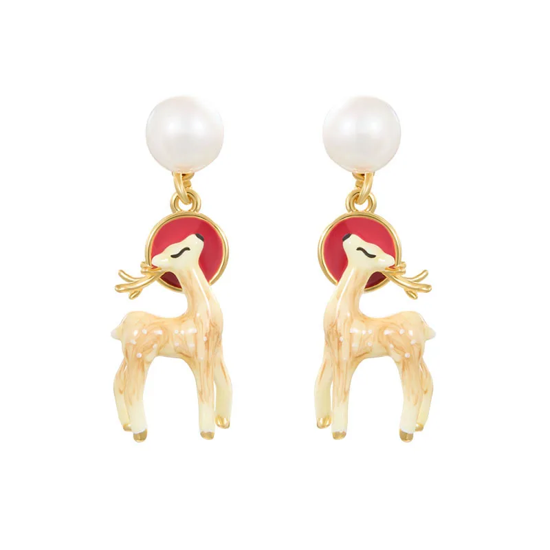 

National Seris Trend Cute Deer Charms Earrings Hand-painted Enamel Three-dimensional Fashion Earrings Red Sun Dangle Earrings