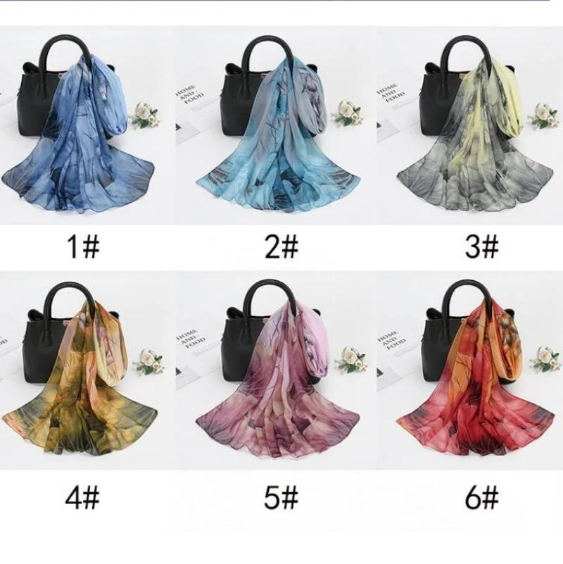 Four Seasons Chiffon Print Colorful Lotus Scarf Shawl Ultra-thin Sun Protection Travel Vacation Beach Scarf Accessories