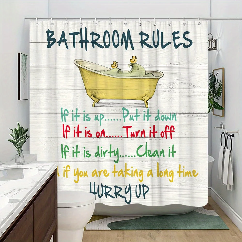 Funny Bathroom Rules Shower Curtain - Vintage Tub & Ducks, Humor Quotes, Rustic Wood Print, Home Decor