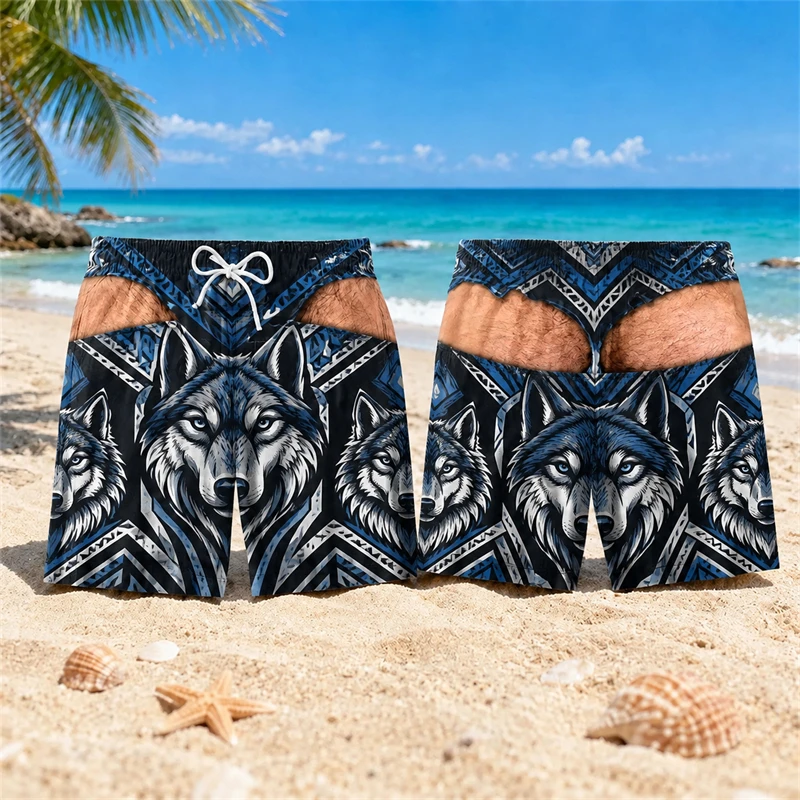 Funny Fake Buttocks Pattern Men Swim Trunks Fake Underwear Beach Shorts Gift For Him Summer Gag Gift Wolf Face Board Shorts New