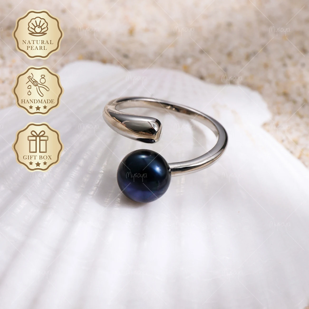 

MYSOYA 8-9mm Black Freshwater Pearl Open Ring Silver Simple Ring, Gift Box, Birthday & Mother's Day S429