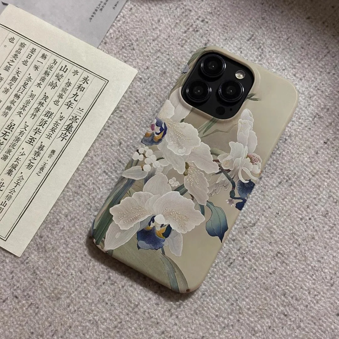 أنيقة التقليدية الصينية اللوحة رائعة زهرة بيضاء جراب هاتف آيفون 16 15 14 11 12 13 برو ماكس زائد الغطاء الخلفي