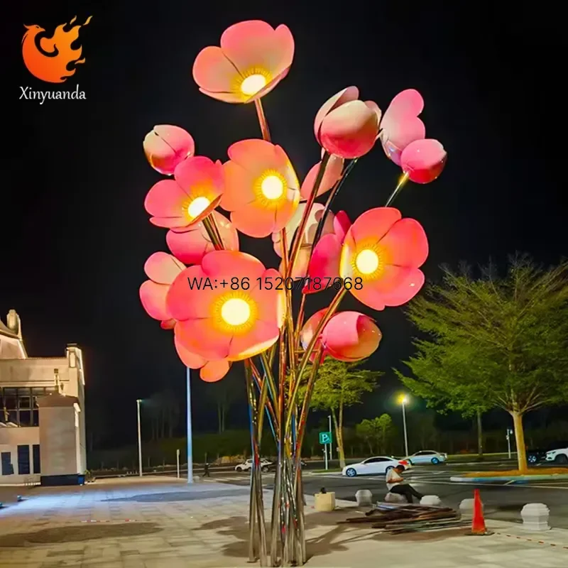 Wmwmnu Custom Large Outdoor Stainless Steel Flower Sculpture with LED Light for Plaza Park Street Landscape Decoration