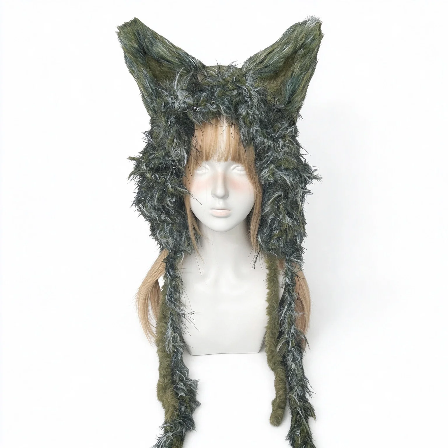 Handmade Moss Green Fox Ear Hood Hat Women Winter Custom Crochet Plush Knit Beanie Men Warm Unisex Cosplay Woodland Festival Cap