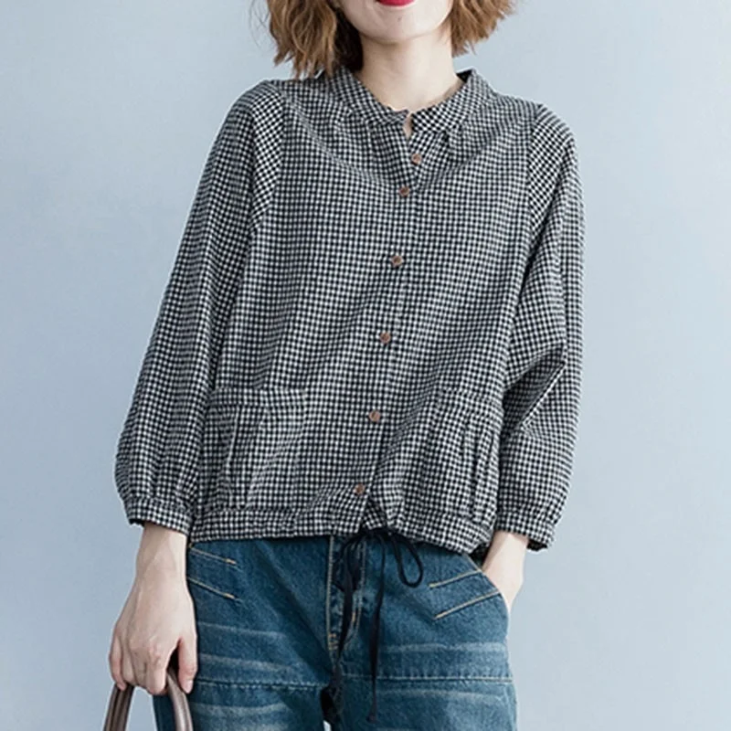 

New 2024 Spring Autumn Vintage Plaid Stand Collar Loose T-shirts Women Cotton Linen Casual Tops Female Long Sleeve Tops Casual