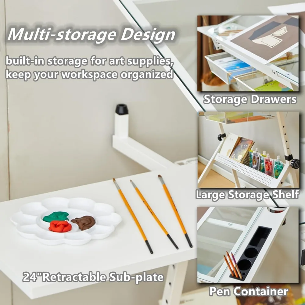 Adjustable Height Art Desk with Tilting Glass Tabletop and Multi-Storage for Sketching and Drawing