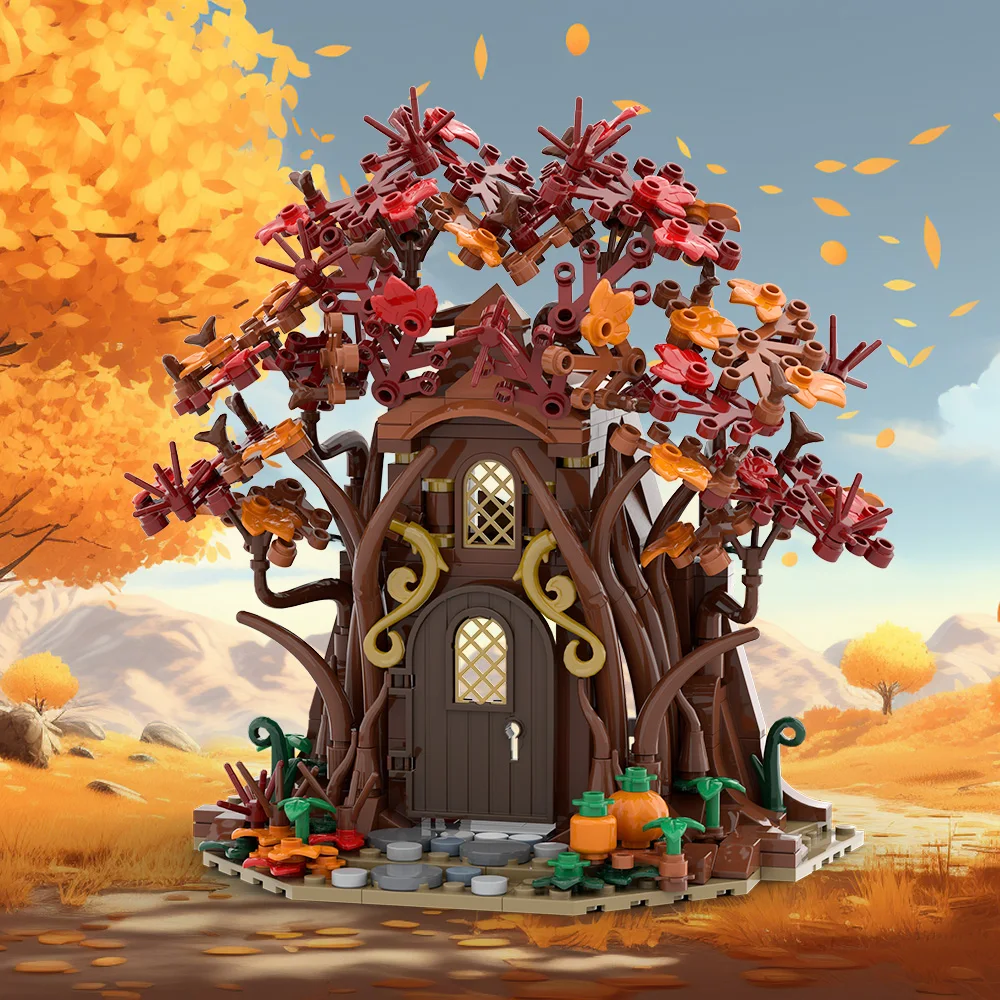 MOC-casa de elfo del bosque en otoño, modelo de bloques de construcción, casa de elfo del bosque, juguetes de ensamblaje para niños, regalos de cumpleaños DIY