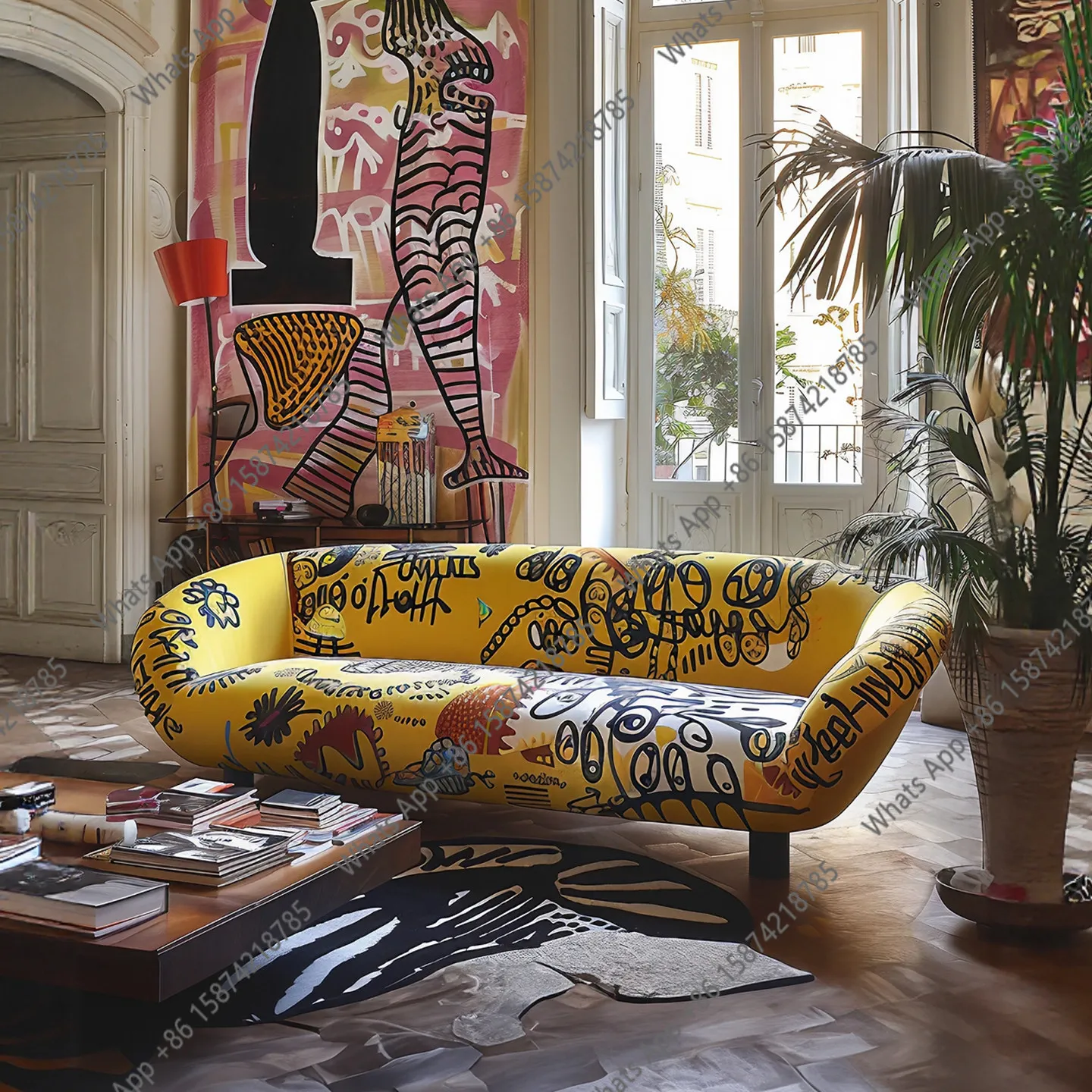 Fabric graffiti art sofa aesthetics color small apartment living room designer