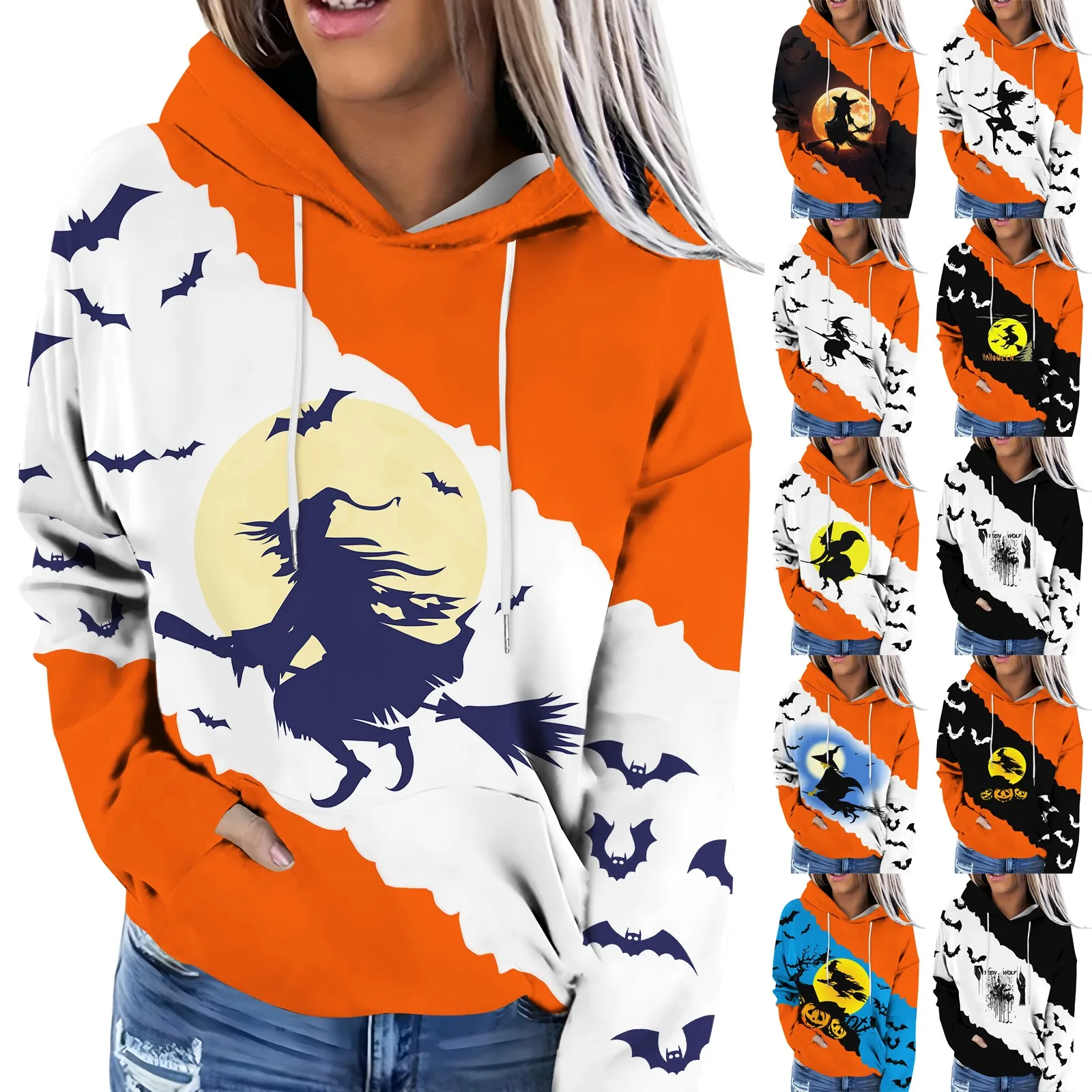 Hoodie Women\'S Halloween Printed Long Sleeved Sports Shirt Casual Party Costume Hooded Pullover With Pocket