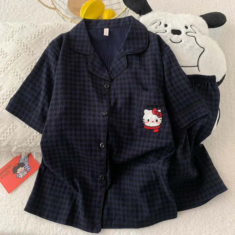 

Women Hello Kitty Cloud Cotton Pajamas Summer Short Sleeve Shorts Plaid Home Outfit