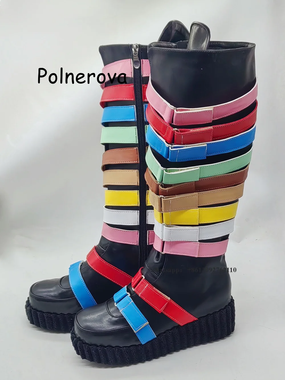 Rainbow Knee High Boots Thick Sole Global Buckle Women's Shoes Winter Party Mixed Colors Side Zipper Punk Height Increasing Shoe