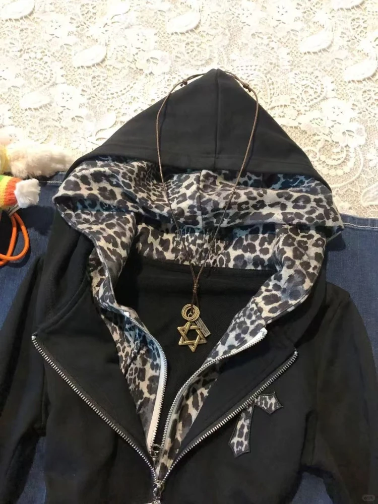 Y2K Subculture Leopard Print Hooded Hoodie Women Vintage Patchwork Fake Two Piece Sweatshirt Autumn Fashion Zip Jacket Tops New