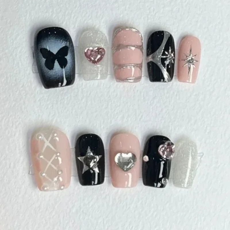 Uñas postizas cortas y calientes, uñas postizas con diseño de estrellas de Metal teñidas, Halo negro, Y2K, 10 piezas