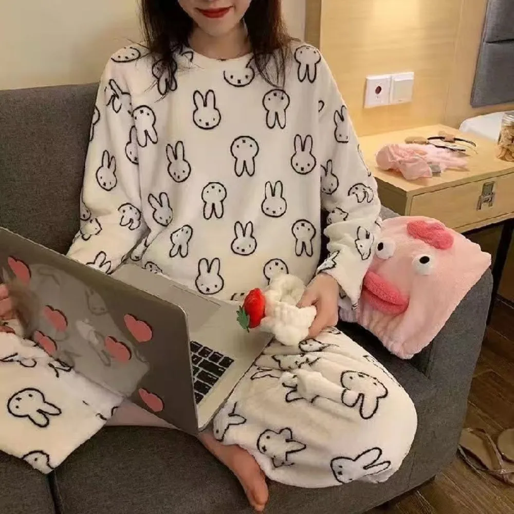 Miffy coelho coral velo pijamas manga longa engrossado flanela feminina conjunto de roupas para casa outono e inverno calor