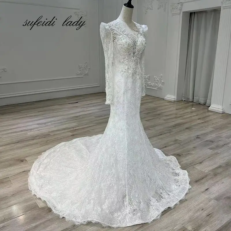 2022 Hot Sale Lace Appliques Mermaid Wedding Dresses For Women Custom Made Long Sleeves Bride Gowns Women Bridal Robes