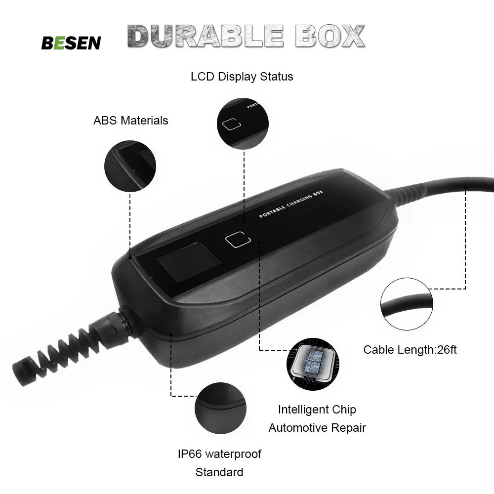 LCD Screen 16A Type 2 To Schuko Plug  IP67 Charger for Electric Car