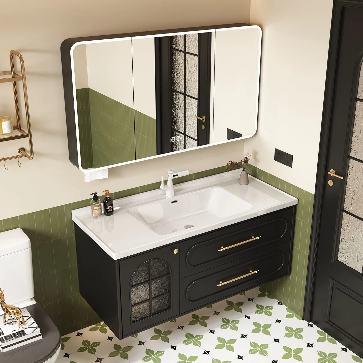 French Retro Oak Bathroom Cabinet Combination Toilet Washbasin Cabinet Ceramic Integrated Basin Oak Door Panel