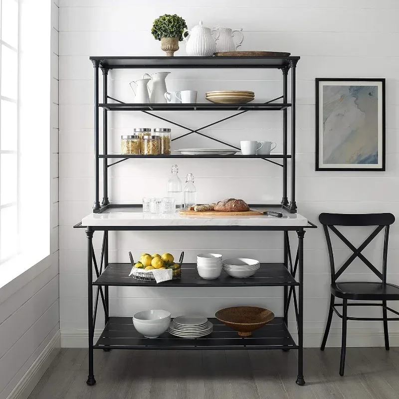 2-Piece Kitchen Island and Hutch Set, Steel with Faux Marble Top