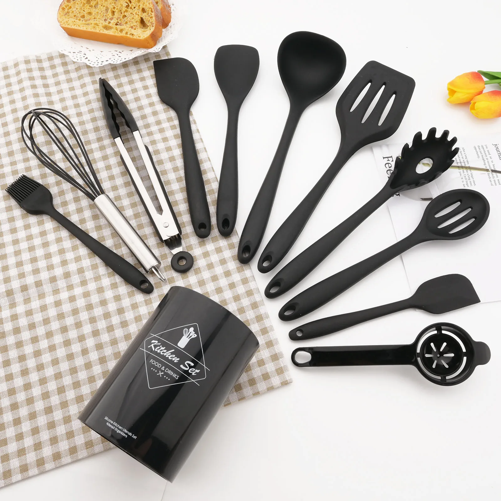 

12Pcs Black Non-Stick Heat Resistant Spatula Spoon Silicone Kitchenware Cooking Utensils Set With Storage Box Kitchen Tools