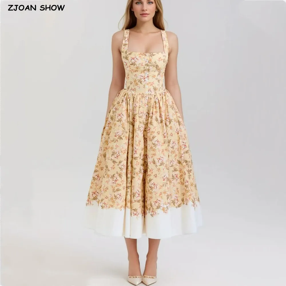 2024 Sexy Slash Collar Flower Print Corset Style Sling Dress  Women Low Waist Ruched Pleated Contrast Color Hem Midi Long Robe