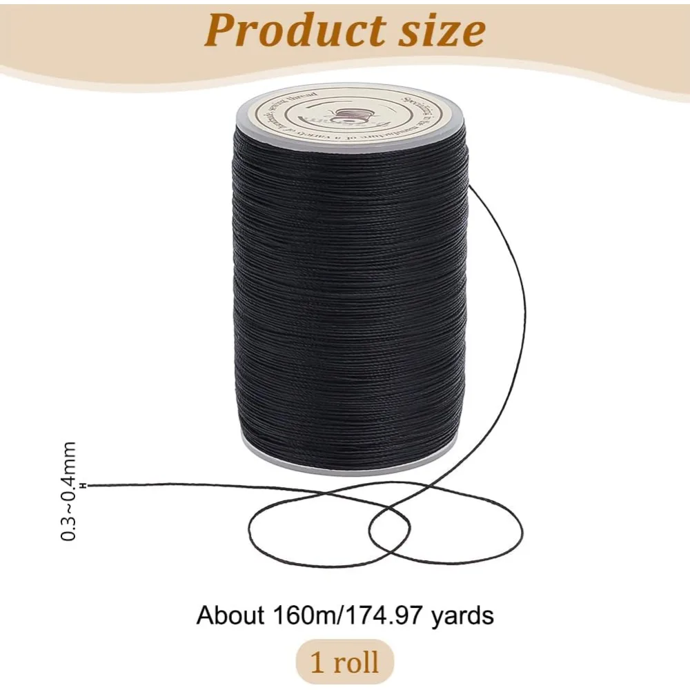 175 Yards/160m Black Waxed Polyester Cord 0.3~0.4mm Twisted Sewing Waxed Thread Polyester Cord Stitching Thread Cord Wax