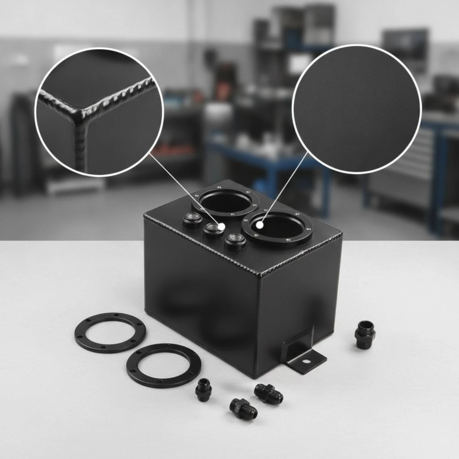 Surge Tank with Fittings Black Fuel Surge Tank Compact Welded for Car Builders, Racing, Engine Bay